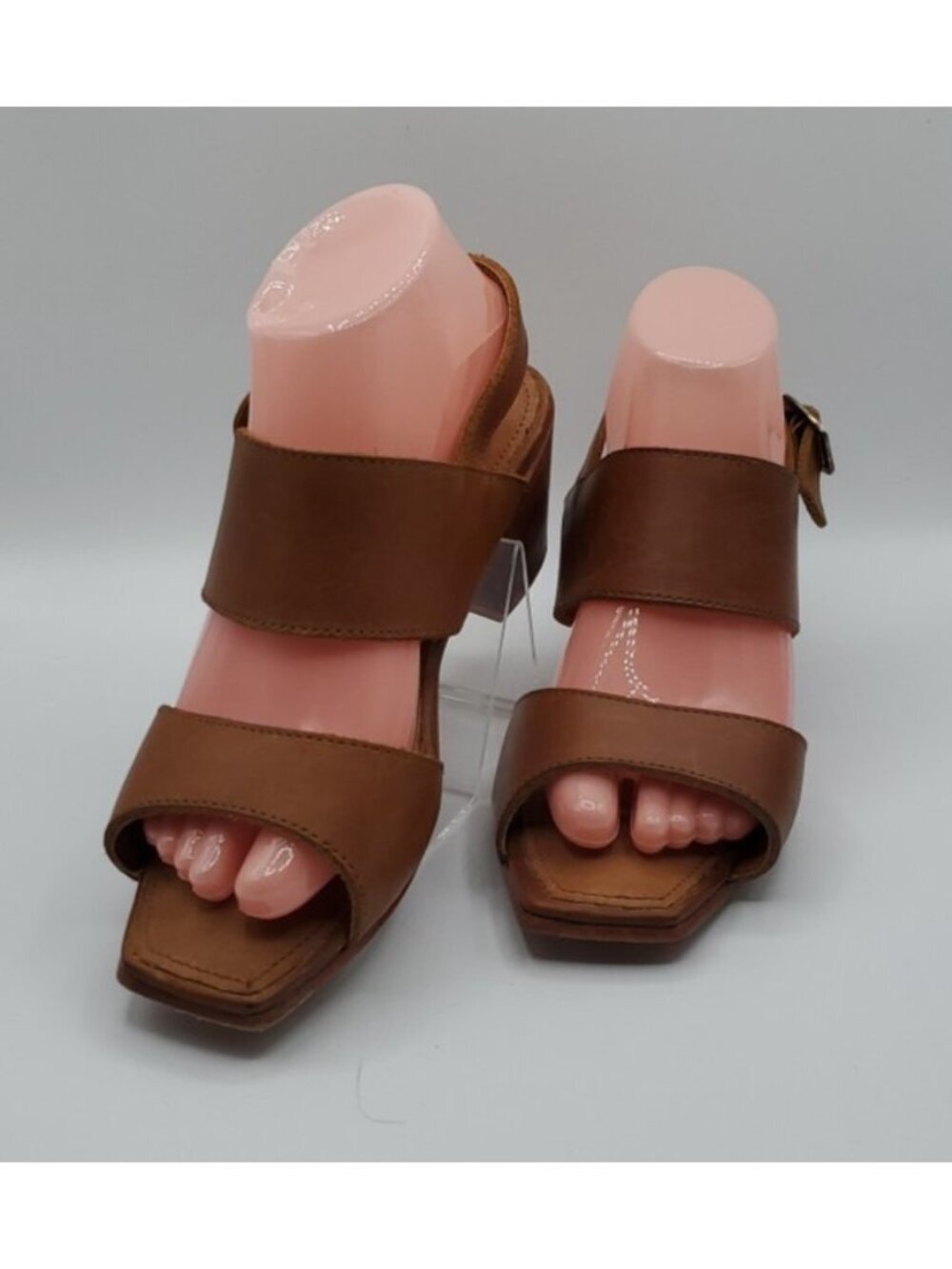 Adelante The Serena Sandal Sz 8C Tan Square Toe Heel Handmade Leather Shoes - Picture 1 of 14